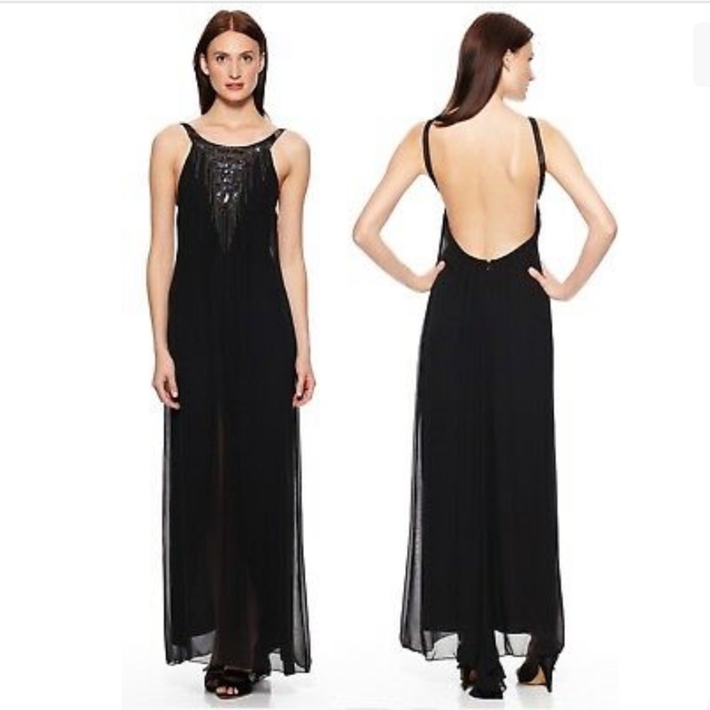 BCBG Maxazria Black Illusion Chain Beaded Low Back Chiffon Silk Dress Gown